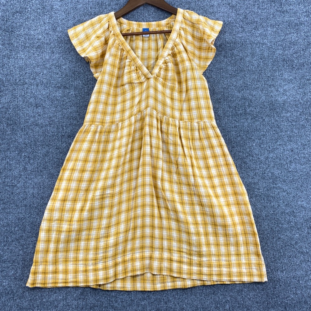 Old Navy Plaid Babydoll Dress Womens S Yellow Flutter Gingham Prairie Cottage - Picture 2 of 8